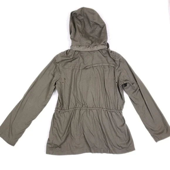 Iris Utility Jacket Hooded Cinched Waist M Olive Green Fall Layering Chore Coat - Picture 6 of 9